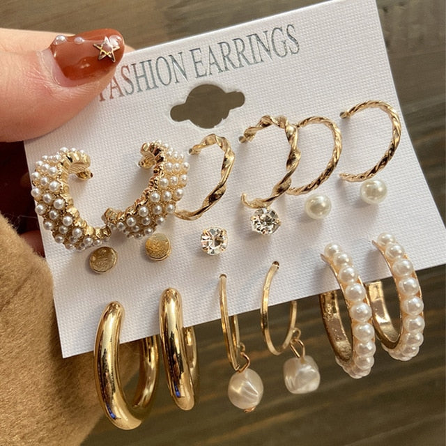 17KM Fashion Pearl Hoop Earrings Set For Women Geometirc Gold Metal Circle Hoop Earrings Brincos 2021 Trend Jewelry Gift