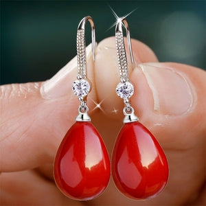 Exquisite Fashion Silver Color Water Imitation Pearls Drop Earrings for Women Shiny Red Green Round Imitation Pearls Earrings